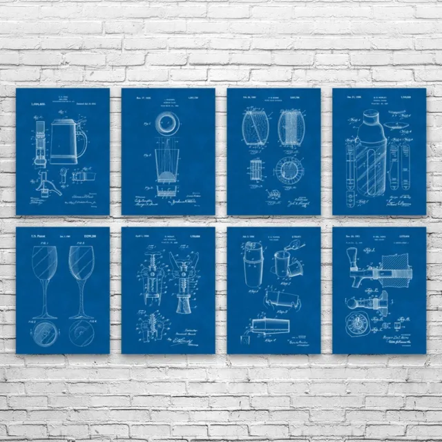 Bar Pub Patent Prints Set of 8 Bartender Gifts Cocktail Mixer Martini Bar