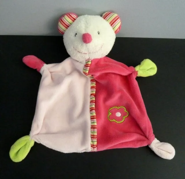 3- Doudou Plat Baby Club Souris Rose Vert Fleur Raye  - Tbe
