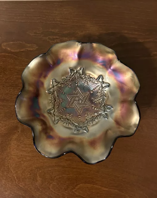 Antique Northwood Carnival Glass Amethyst Star of David & Bows Ruffled Bowl