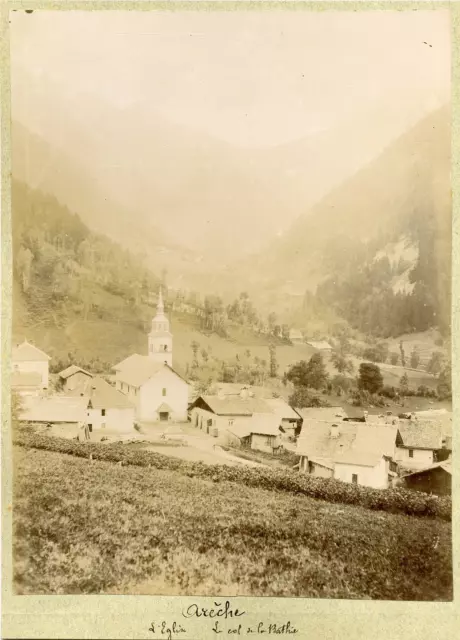 France, Arèche, L&#039;église et le col de la Bathie Vintage albumen print.  T