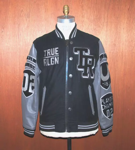 True Religion Men's Large Collegiate Moleskin & Leather Varsity Jacket