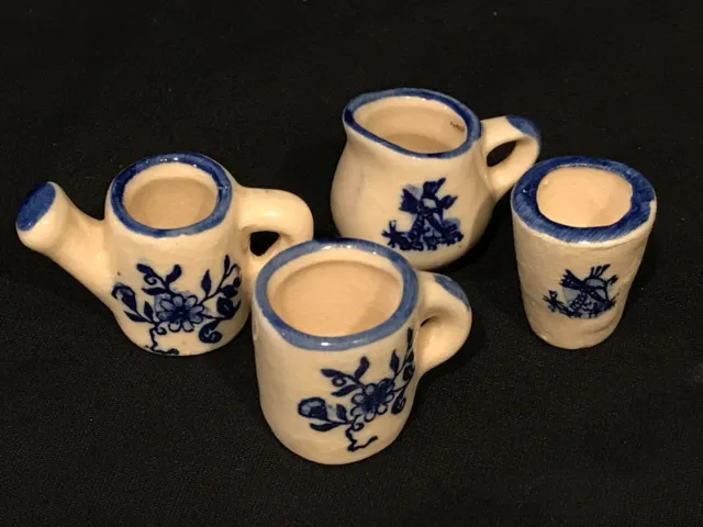 Delft? Holland Ceramic Miniatures Set of 4 Pitcher, Glass, Mug, Watering Can ~1"
