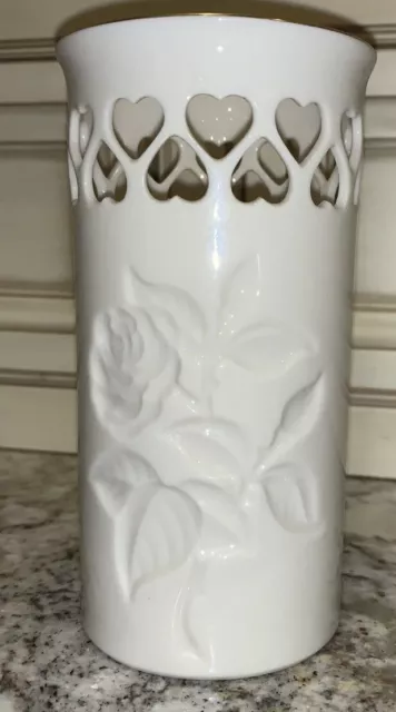 Lenox China Made In USA Rose Heart Cut Out Ivory Bone China 24k Gold Trim Vase