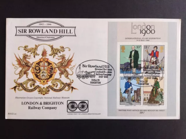 GB Benham 1979 Rowland Hill M/Sheet on First Day Cover - London & Brighton S/H/S