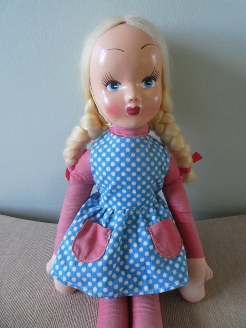 Poupée Ancienne 1920 – Visage Papier Mâché, Corps Toile Rembourrée – 38 Cm