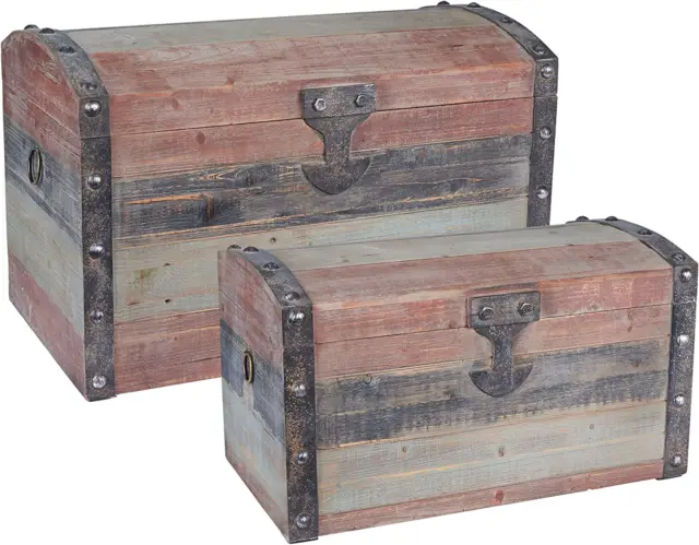 Wooden Storage Trunk Set, Large and Small Domed Chest, Weathered Wood with Paint