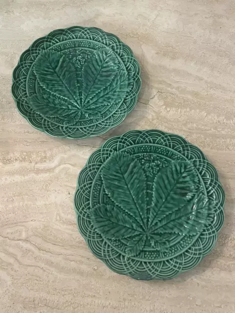RARE TWO VBS Villeroy Boch Majolica Antique 1890s RAISED GREEN LEAF PLATE 8"
