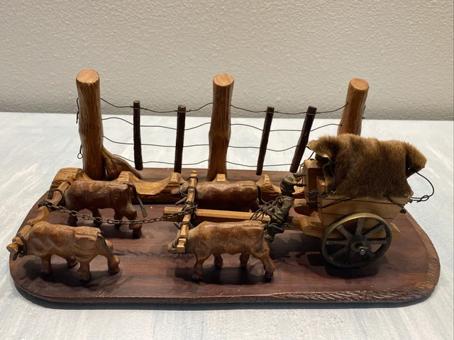 Vintage Folk Art Wooden Western Conestoga Covered Wagon Ox Figurine 14 inch.