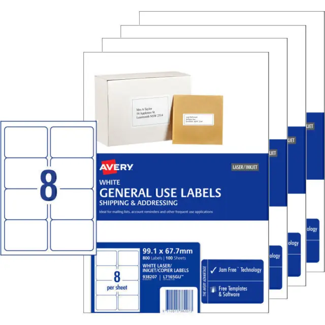 NEW 4 Pack Avery 938207 Laser Inkjet Labels 8/Page White Pack 100 Sheets