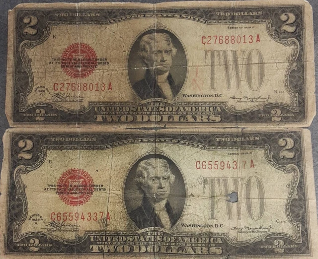 Two 1928-D $2 Small Legal Tender Notes Fr1505