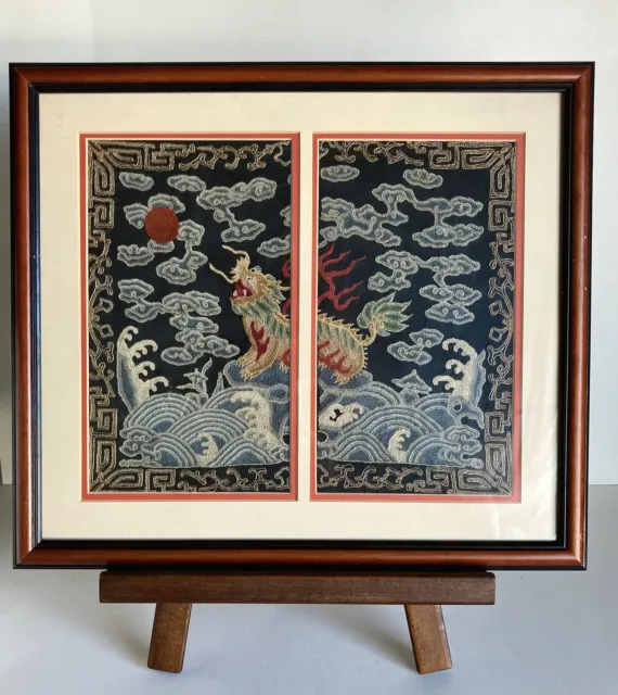 Antique Chinese Split Rank Badge Silk Embroidered Foo Fu Dog Dragon Sun Framed