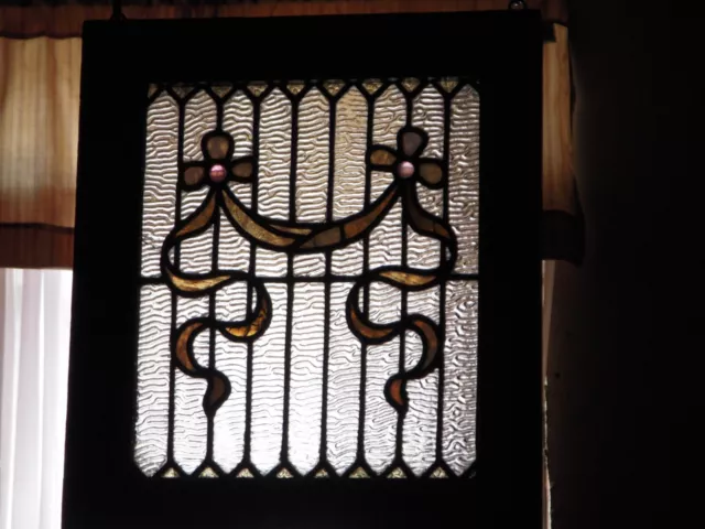 Antique Stained glass window transom  late 1800's  wood frame 18" X 16"