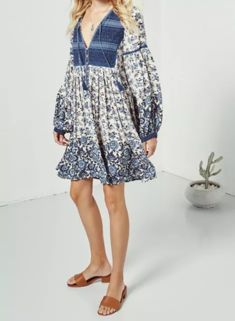 Spell & the Gypsy Collective “Elle” Boho Mini Dress Blue Floral Rare XS