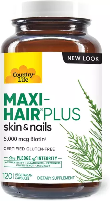 Country Life Maxi-Hair Plus Biotine 120 Végétarien Capsules, Peau Soin, Fort