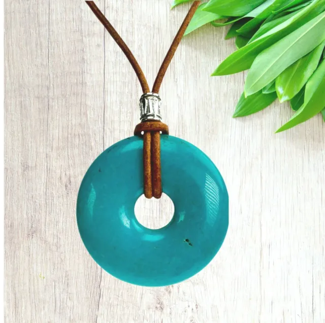 Unisex Turquoise Donut Necklace 40mm Brown Leather Cord Stainless Steel Clasp