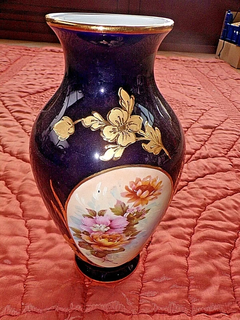 Grand vase porcelaine Limoges-Bleu de Four-peint main-DanielP.Morem-décor unique