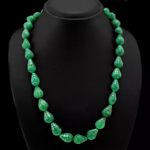 Top Quality 390.50 Cts Earth Mined Emerald Pear Carved Beads Necklace (Dg)