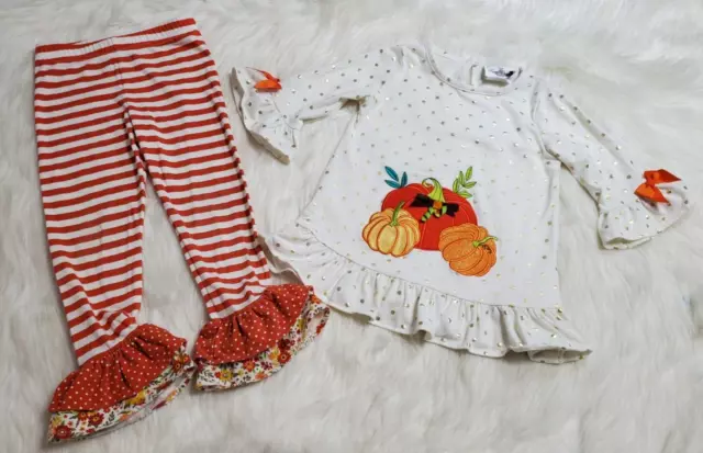 Rare Editions Girls Size 4T  PUMPKIN Thanksgiving Fall Top Pants Ruffle DDD-5