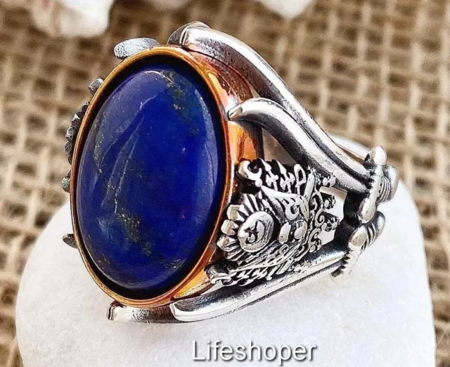 Natural Lapis Lazuli Anillo, Hombre Anillo con Sello, 925 Anillo Plata de Ley