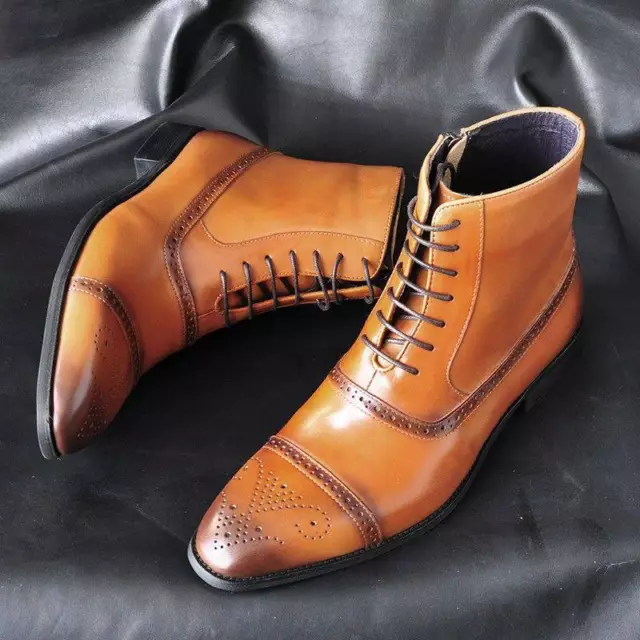 Mens Leather Brogue Boots Pointed Toe Lace Up ankle Boots Casual Wedding Shoes