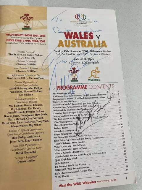 Wales V Australia 2001 Programme Signed To Sian Jj & Jpr Williams Edwards Etc 2