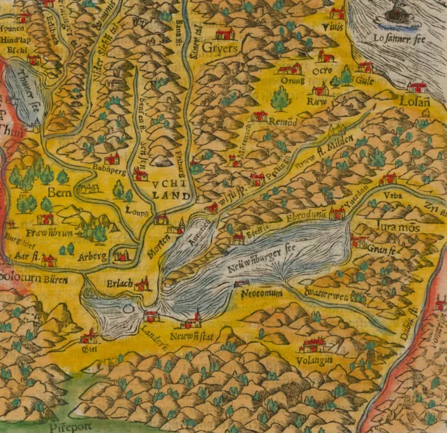 NEUENBURGERSEE - Umgebungskarte - Sebastian Münster - kol. Holzschnitt um 1580