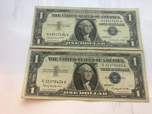 Two (2) 1957 Blue Seal Silver Certificate $1 One Series 1957 A and Series 1957 B