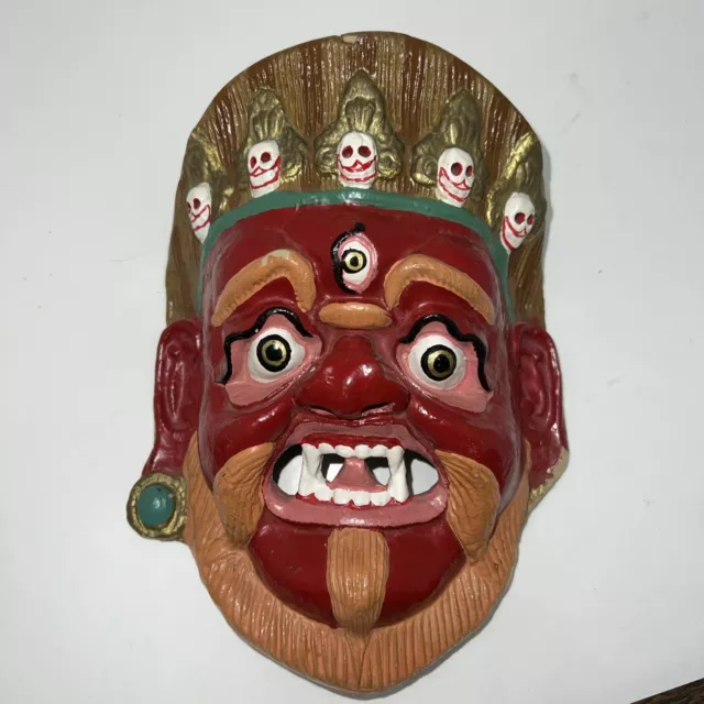 Vintage Paper Mache Mask Hindu Demon God Lakhey Nepal Authentic 8.5" Red Face