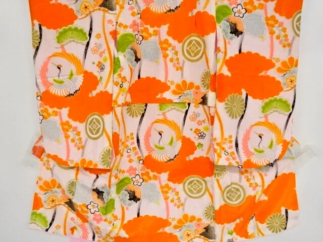 40113# JAPANESE KIMONO / ANTIQUE KIMONO for GIRLS / CRANE WITH KIKU
