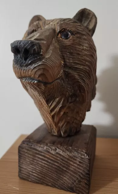 Beautiful Hand Carved Wood BEAR Head with Glass Eyes