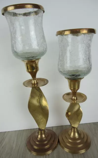 Pair of Brass/Crackle Glass Candle Sticks MCM Votive Holders VTG Maximalist 70s