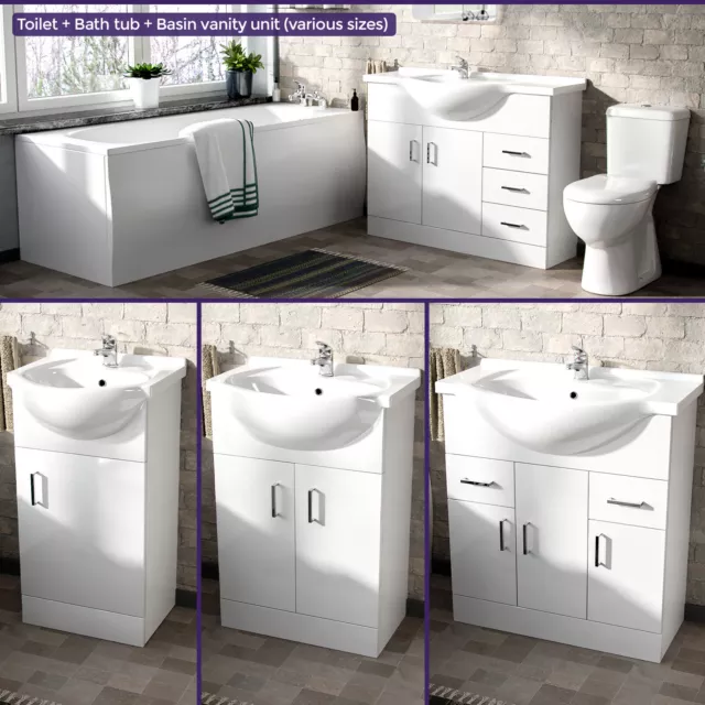 Basin Vanity, WC Toilet Pan and Bath Tub 3-Piece Bathroom Suite | Memphis