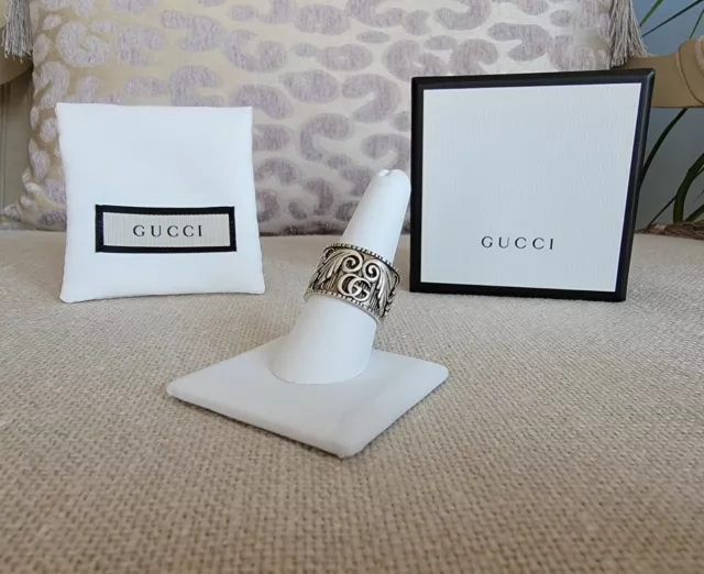 NWB Authentic Silver Gucci Decorative Logo Statement Ring Sz 13 Ret. $350