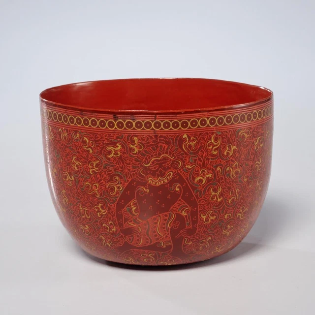 Burmese Lacquerware Hand Carved Painted Bamboo Horsehair Bowl Myanmar 4" dia