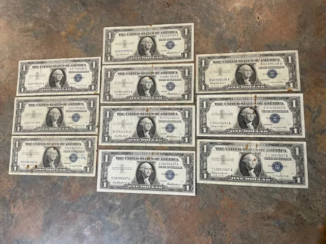 Lot of 11 1957 US $1 Silver Certificates Blue Seal A & B ONE Dollar Paper Money