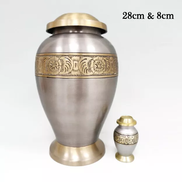 Silver & Gold Banded Metal Urn for Human Pet Ashes, Cremation Keepsake Ash Crem