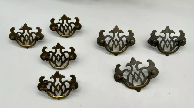 Lot Of 7 Used Vintage Chippendale Batwing Style Brass Dresser Drawer Pull U