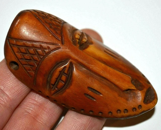 Rare Antique African Lega Tribe Hand Carved Cow Bone Mask Pendant Congo, Africa
