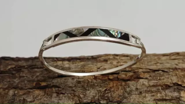 Abalone inlay zig zag bracelet, Silver plated bracelet, black bracelet, geometri