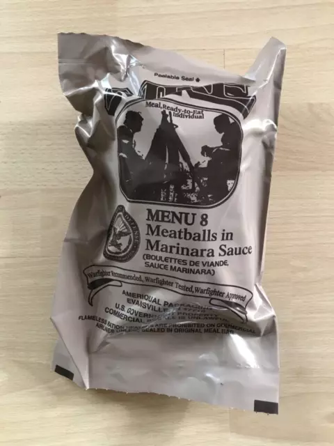 US ARMY MRE MEAL READY TO EAT TAGESRATION MENU 8 Meatballs in Marinara Sauce b