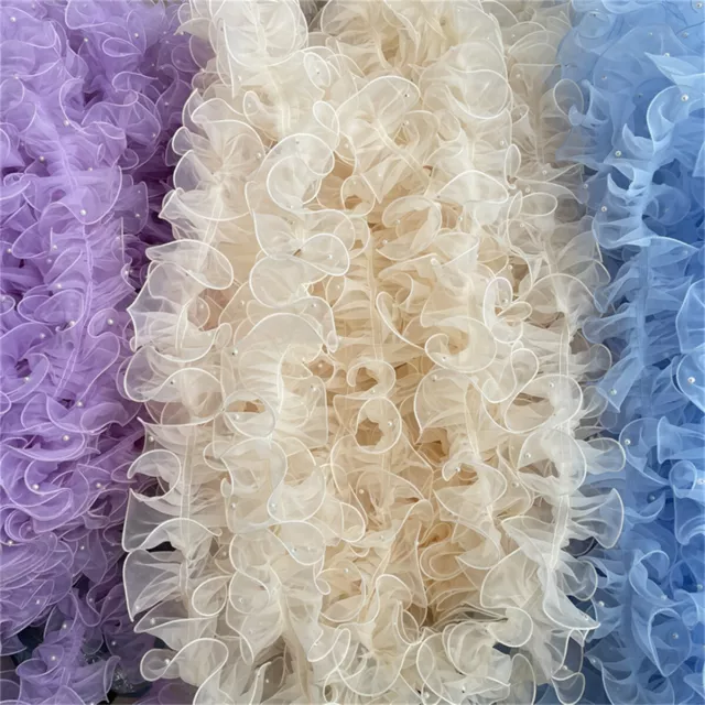 11cm Wide Pearl Nailed Beaded Ruffle Organza Lace Trim for Doll Clothes DIY