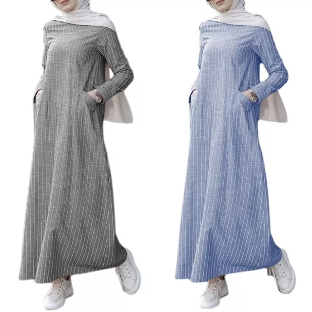 Turkey Dubai Arab Maxi Robe Kaftan Abaya Women Muslim Long Sleeve Striped Dress