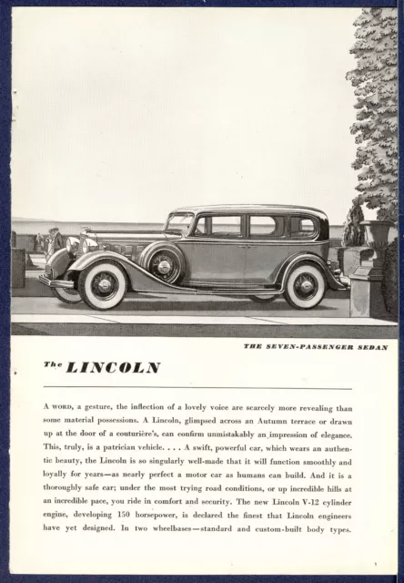 1934 LINCOLN advertisement, Lincoln seven-passenger sedan, vintage automobile