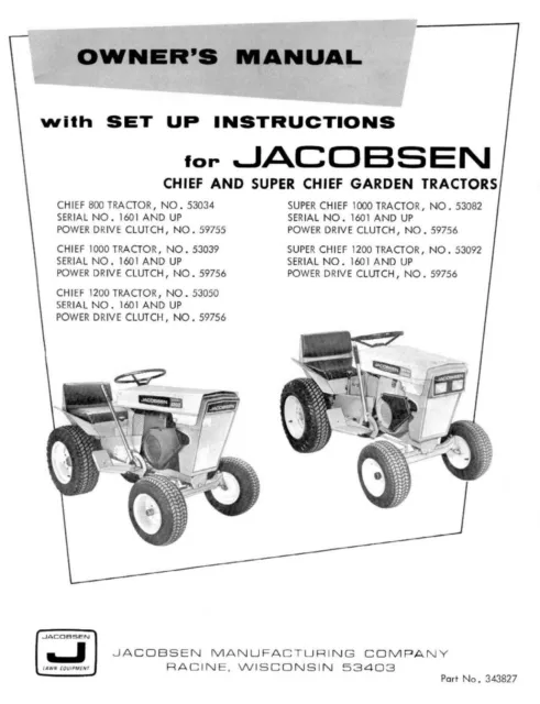 Tractors Operator Manual Jacobsen Chief & Super Chief 800 1000 1200 Garden 3827