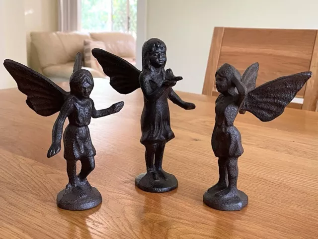 A set of 3 Small Cast Iron Fairy Home Garden Ornament Statue Figure Rustic Brown