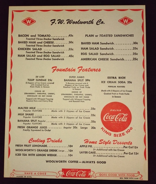 ORIGINAL VINTAGE 1960 F w Woolworth Lunch Counter Menu Rare Unused 49 