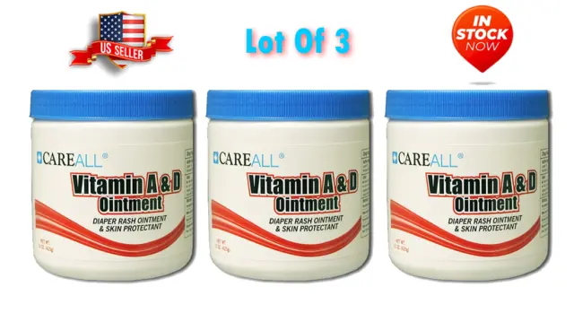 3 PACK  Careall Vitamin A&D Ointment 15oz Jars Skin Protectant Diaper Rash Cream