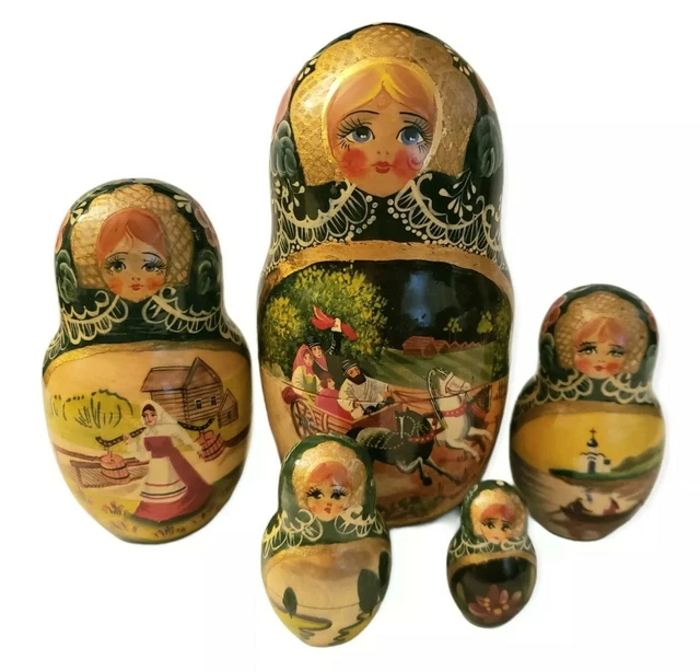 MATRYOSHKA HAND PAINTED Folktale Floral Russian Nesting Doll Signed 5