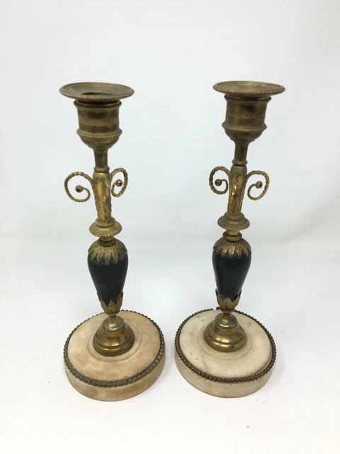 Paire de Bougeoirs Empire Laiton Doré Et Marbre Antique 19 th Candelstick Marble