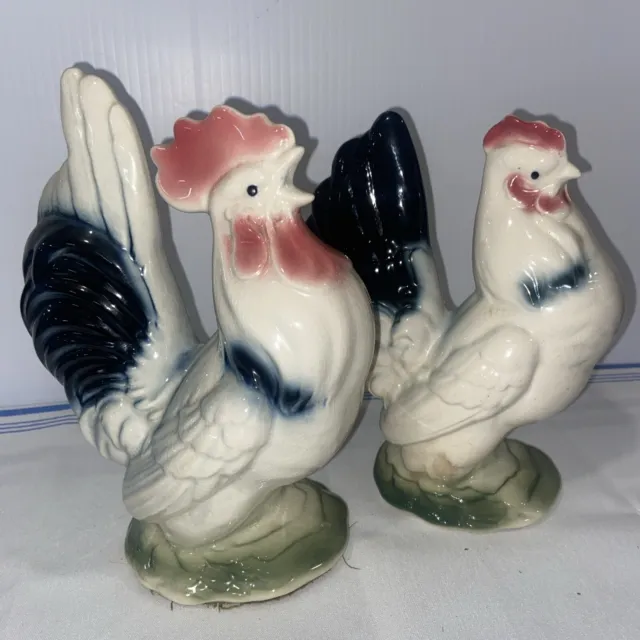 Vintage Royal Copley Ceramic Set Rooster and Hen 1940's Multi Color 7” Chickens